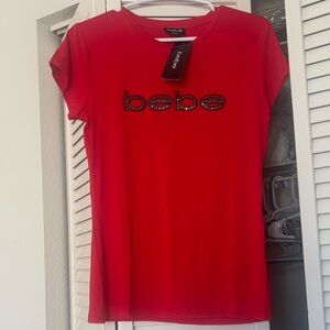 NWT Bebe Red Rhinestone Logo Tee | Short Sleeve Stretch Top